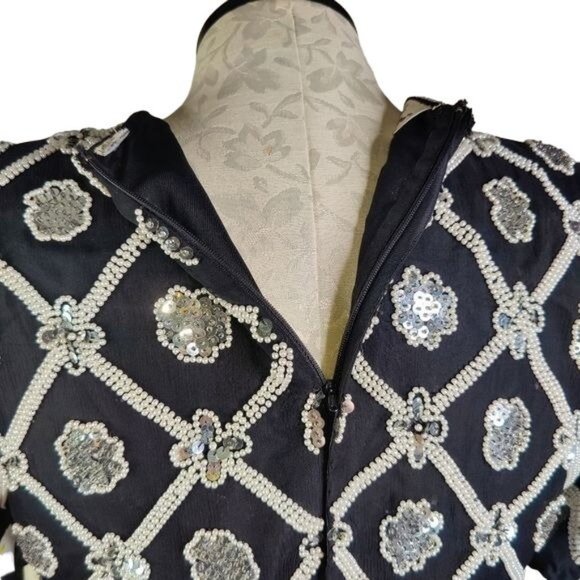 VTG Pearl Beaded Sequenced Lawrence Kazar Black Short Sleeve Formal SILK Top - Picture 9 of 10